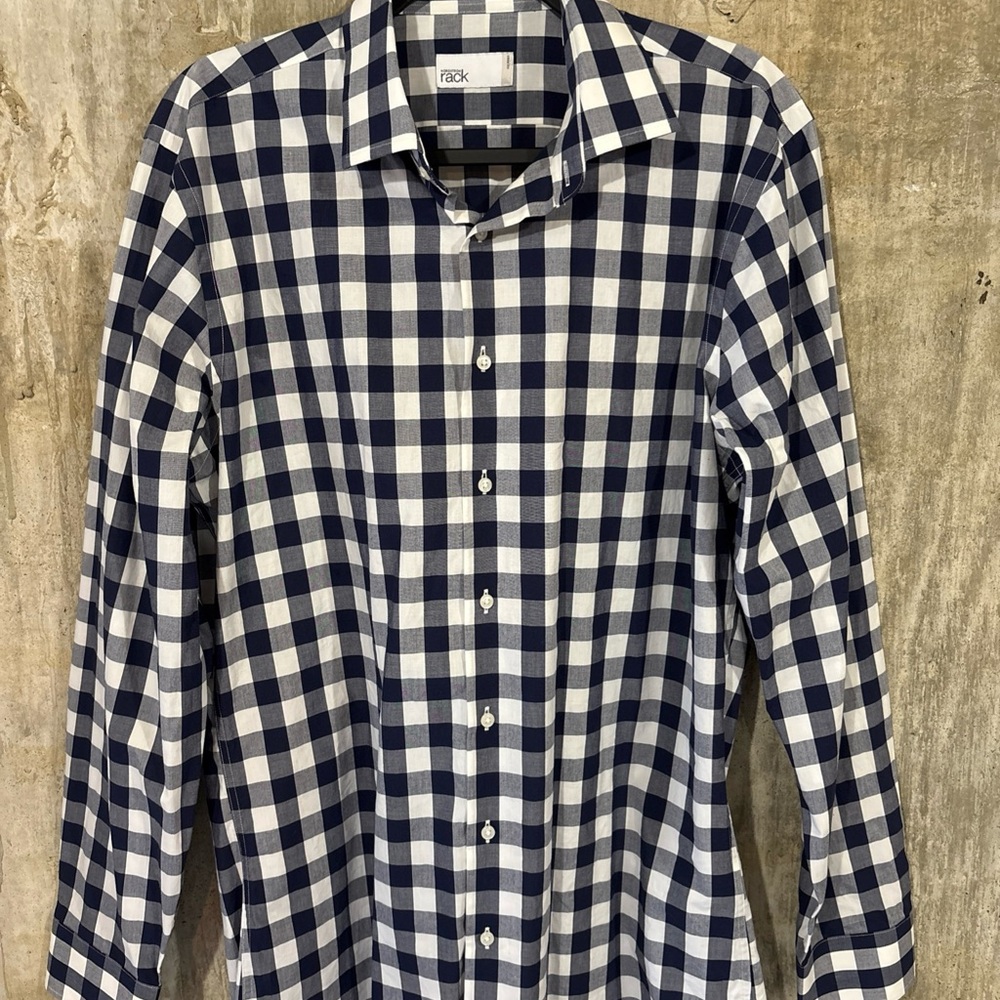 Nordstrom Rack Navy and White Checkered Button Down Shirt 15.5 34/35